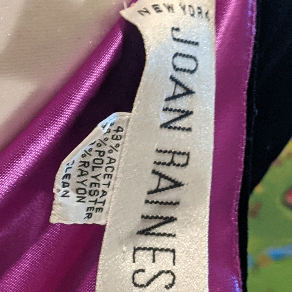 Vintage 1980''S Joan Raines New York Black Velvet Dress With Vibrant Purple Sati View 6